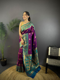 Elora - Soft Silk Butti Zari Weaving Contrast Pallu Banarasi Purple Saree with Unstitched Blouse