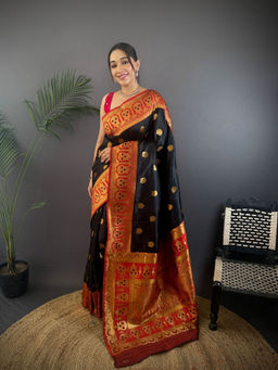 Elora - Soft Silk Butti Zari Weaving Contrast Pallu Banarasi Black Saree with Unstitched Blouse