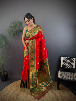 Elora - Soft Silk Butti Zari Weaving Contrast Pallu Banarasi Red Saree with Unstitched Blouse
