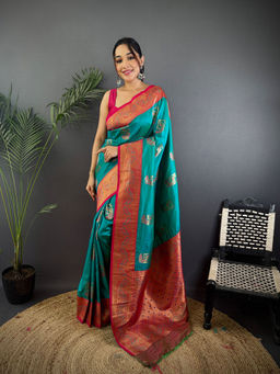 Elora - Peacock Pattern Zari Weaving Contrast Border Banarasi Teal Saree with Unstitched Blouse