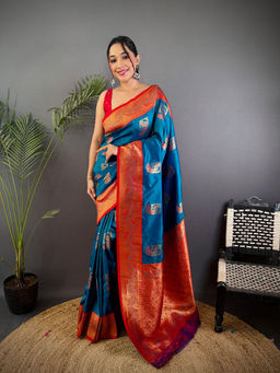 Elora - Peacock Pattern Zari Weaving Contrast Border Banarasi Blue Saree with Unstitched Blouse