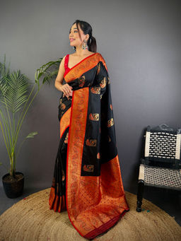 Elora - Peacock Pattern Zari Weaving Contrast Border Banarasi Black Saree with Unstitched Blouse