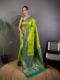 Elora - Peacock Pattern Zari Weaving Contrast Border Banarasi Green Saree with Unstitched Blouse