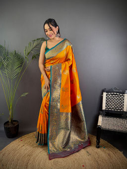 Elora - Peacock Pattern Zari Weaving Contrast Border Banarasi Orange Saree with Unstitched Blouse