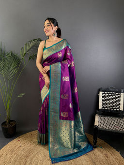 Elora - Peacock Pattern Zari Weaving Contrast Border Banarasi Purple Saree with Unstitched Blouse