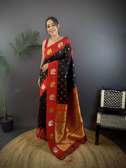 Elora - Butti Zari Weaving Contrast Weaving Border Banarasi Black Saree with Unstitched Blouse