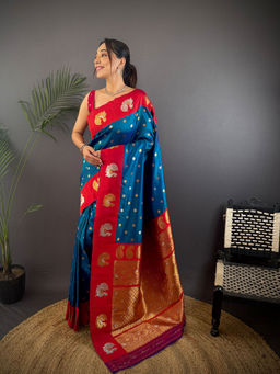 Elora - Butti Zari Weaving Contrast Weaving Border Banarasi Blue Saree with Unstitched Blouse