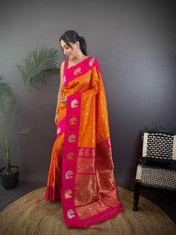 Elora - Butti Zari Weaving Contrast Weaving Border Banarasi Orange Saree with Unstitched Blouse