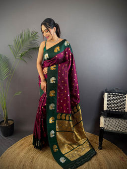 Elora - Butti Zari Weaving Contrast Weaving Border Banarasi Maroon Saree with Unstitched Blouse