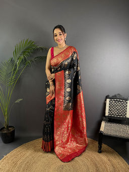 Elora - Butti Zari Weaving Contrast Weaving Border Banarasi Black Saree with Unstitched Blouse