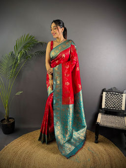 Elora - Butti Zari Weaving Contrast Weaving Border Banarasi Red Saree with Unstitched Blouse