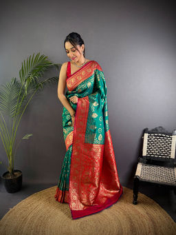 Elora - Butti Zari Weaving Contrast Weaving Border Banarasi Green Saree with Unstitched Blouse