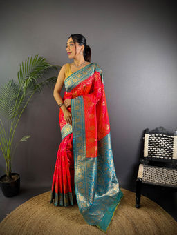 Elora - Butti Zari Weaving Contrast Weaving Border Banarasi Pink Saree with Unstitched Blouse