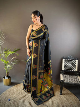 Elora - Meenakari Zari Weaving Peacock Border Paithani Black Saree with Unstitched Blouse