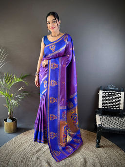 Elora - Meenakari Zari Weaving Peacock Border Paithani Purple Saree with Unstitched Blouse