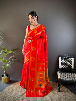Elora - Soft Silk Meenakari Zari Weaving Peacock Border Paithani Red Saree with Unstitched Blouse