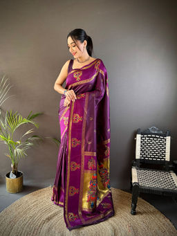 Elora - Soft Silk Meenakari Zari Weaving Peacock Border Paithani Wine Saree with Unstitched Blouse