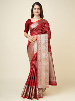 Elora - Soft Silk Small Butti Zari Weaving Border Banarasi Red Saree with Unstitched Blouse
