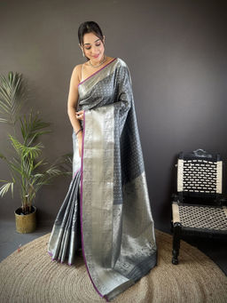 Elora - Soft Silk Small Butti Zari Weaving Border Banarasi Grey Saree with Unstitched Blouse