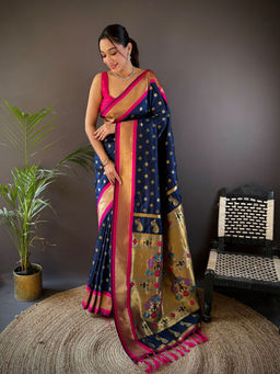 Elora - Soft Silk Butti Zari Weaving Kanchipuram Navy Blue Saree with Unstitched Blouse