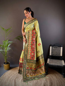 Elora - Butti Zari Weaving Contrast Weaving Border Banarasi Green Saree with Unstitched Blouse