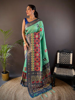 Elora - Butti Zari Weaving Contrast Weaving Border Banarasi Turquoise Saree with Unstitched Blouse