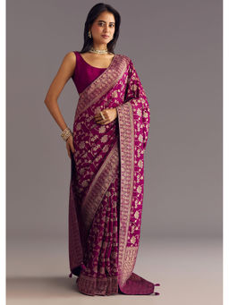 KALKI FASHION - Wine Dola Silk Zari Jaal And Border Work Saree with Unstitched Blouse