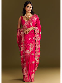 KALKI FASHION - Pink Dola Silk Zari Border And All Over Booti Saree with Unstitched Blouse