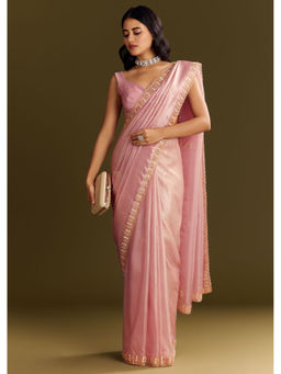 KALKI FASHION - Purple Glass Tissue Cutdana And Beads Scallop Border Saree with Unstitched Blouse