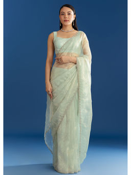 KALKI FASHION - Aqua Blue Organza Tissue Embellished Border Saree with Unstitched Blouse