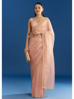 KALKI FASHION - Peach Organza Tissue Beaded Scallop Saree with Unstitched Blouse