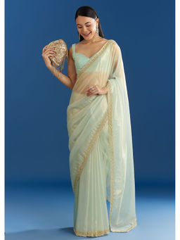 KALKI FASHION - Aqua Blue Organza Tissue Embellished Scallop Border Saree with Unstitched Blouse