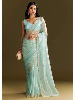KALKI FASHION - Sea Blue Glass Tissue Cutdana And Beads Scallop Border Saree with Unstitched Blouse