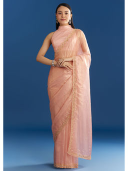 KALKI FASHION - Peach Organza Tissue Scallop Edge Saree with Unstitched Blouse