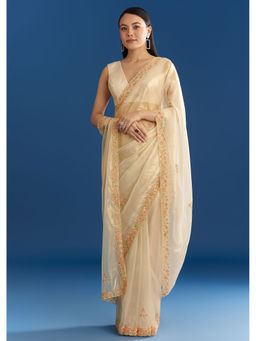 KALKI FASHION - Cream Organza Tissue Subtle Beaded Border Saree with Unstitched Blouse
