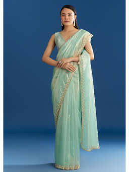 KALKI FASHION - Aqua Blue Organza Tissue Cutdana And Beads Scallop Border Saree with Unstitched Blouse