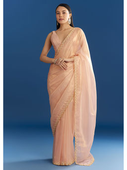KALKI FASHION - Peach Organza Tissue Scalloped Embroidery Saree with Unstitched Blouse