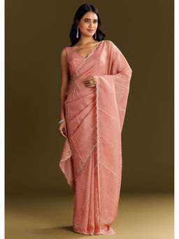 KALKI FASHION - Peach Crush Tissue Cutdana And Beads Scallop Border Saree with Unstitched Blouse
