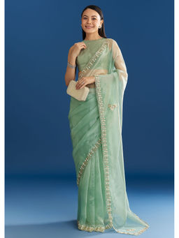 KALKI FASHION - Light Green Organza Tissue Beaded Scallop Edge Saree with Unstitched Blouse
