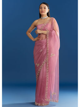 KALKI FASHION - Pink Organza Tissue Beaded Scallop Border Saree with Unstitched Blouse