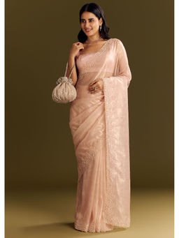 KALKI FASHION - Peach Glass Tissue Cutdana And Beads Scallop Border Saree with Unstitched Blouse