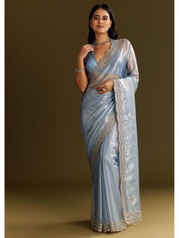 KALKI FASHION - Pastel Blue Tissue Cutdana And Beads Scallop Border Saree with Unstitched Blouse