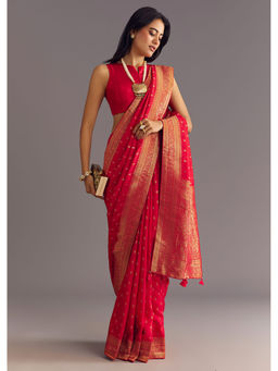 KALKI FASHION - Red Dola Silk Butti Work Zari Border Saree with Unstitched Blouse