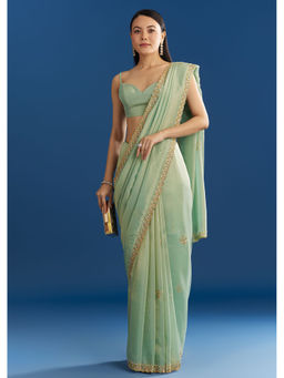 KALKI FASHION - Green Organza Tissue Subtle Embroidery Saree with Unstitched Blouse