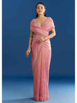 KALKI FASHION - Soft Pink Organza Tissue Scallop Beaded Finish Saree with Unstitched Blouse
