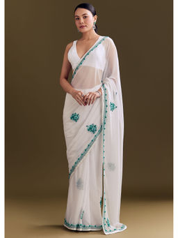 KALKI FASHION - White Georgette Traditional Kashmiri Buds Saree with Unstitched Blouse