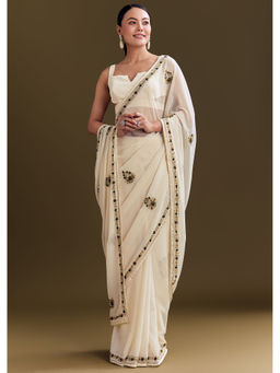 KALKI FASHION - Off White Georgette Kashmiri Floral Embroidery Saree with Unstitched Blouse
