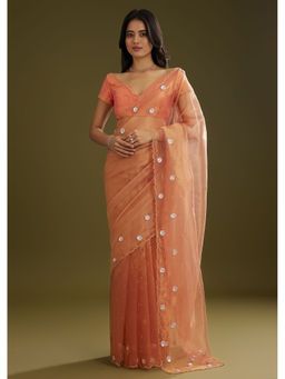 KALKI FASHION - Rust Tissue Floral Embroidered Cutdana Scallop Border Saree with Unstitched Blouse