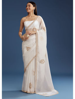 KALKI FASHION - White Crushed Tissue Cutdana And Sequin Embroidered Saree with Unstitched Blouse