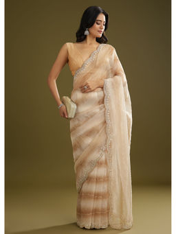 KALKI FASHION - Beige Shaded Glass Tissue Stone Embellishment Saree with Unstitched Blouse